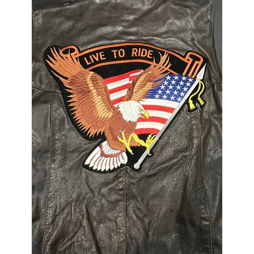UNIK Premium Leather Brown Biker Motorcycle Vest Size 56 BORN‎ TO RIDE USA Patch